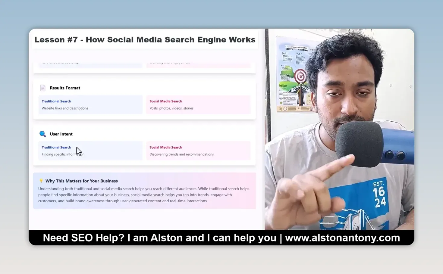 Lesson slide comparing results format and user intent: website links for finding specific information against posts, photos and videos for discovery