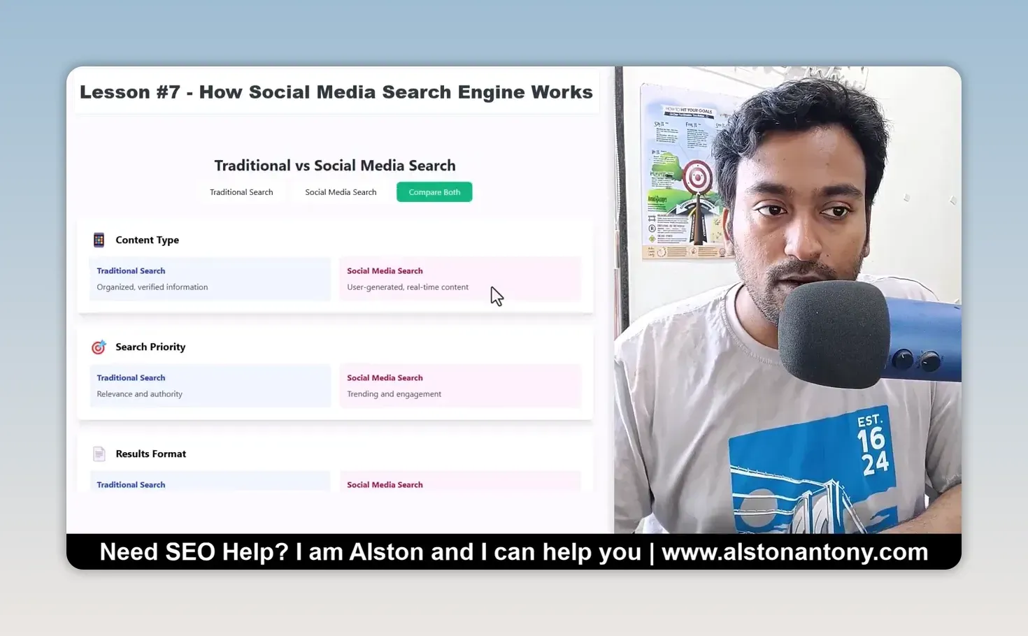 Lesson slide comparing traditional and social media search by content type and search priority: organised information against real-time user content