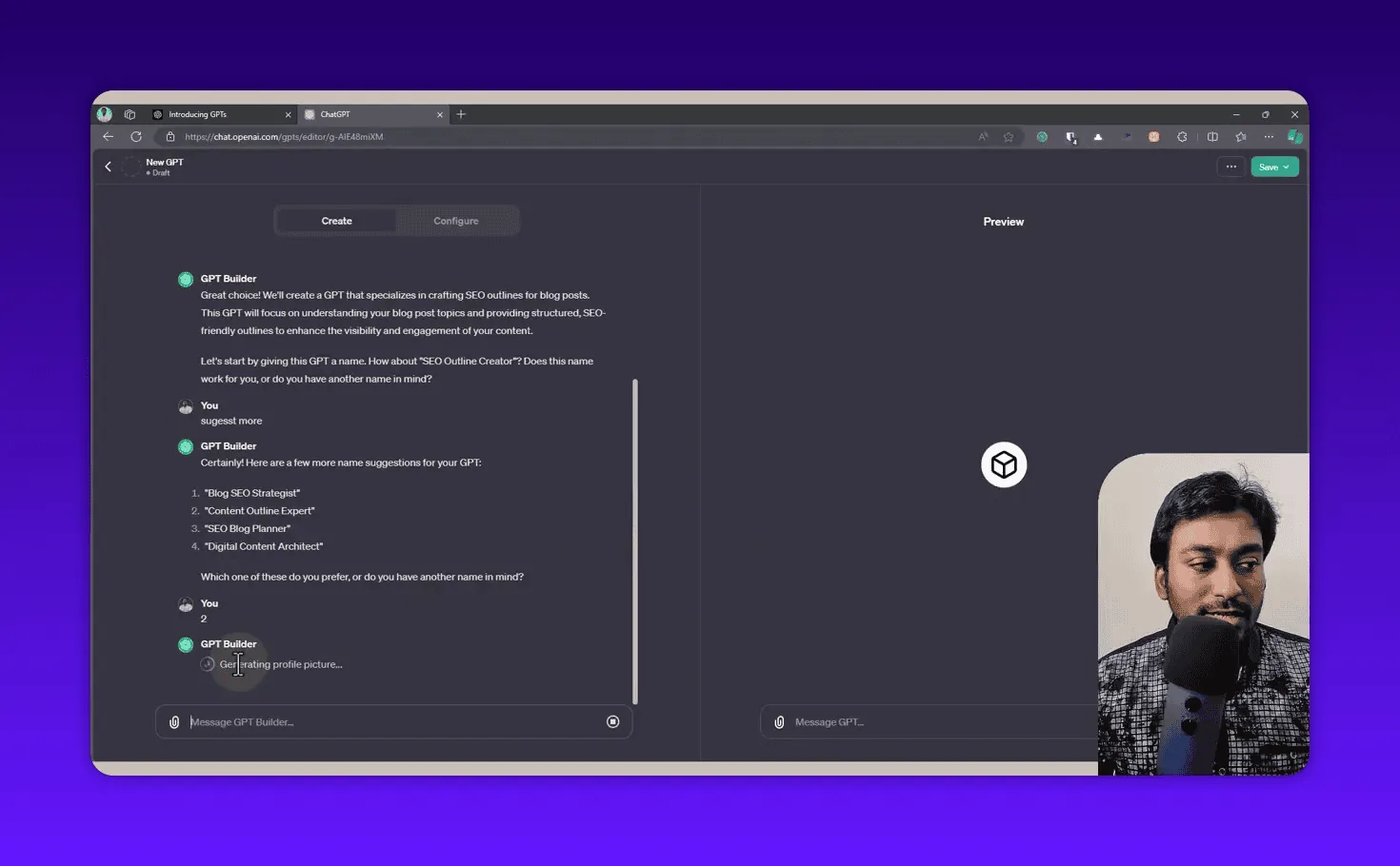 GPT Builder generating a profile picture and displaying the naming stage