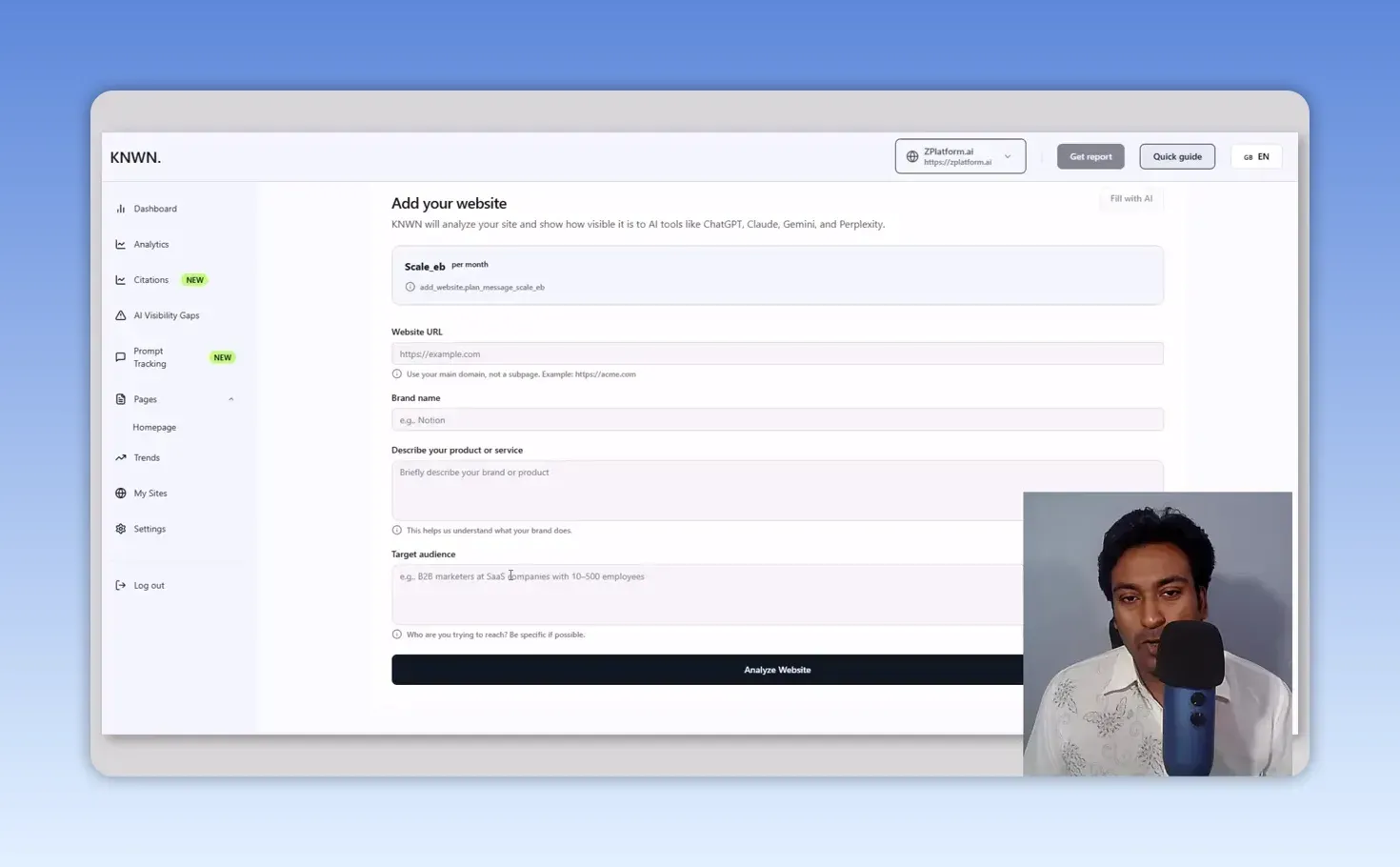 Knwn Add your website form asking for the website URL, brand name, a product or service description and the target audience