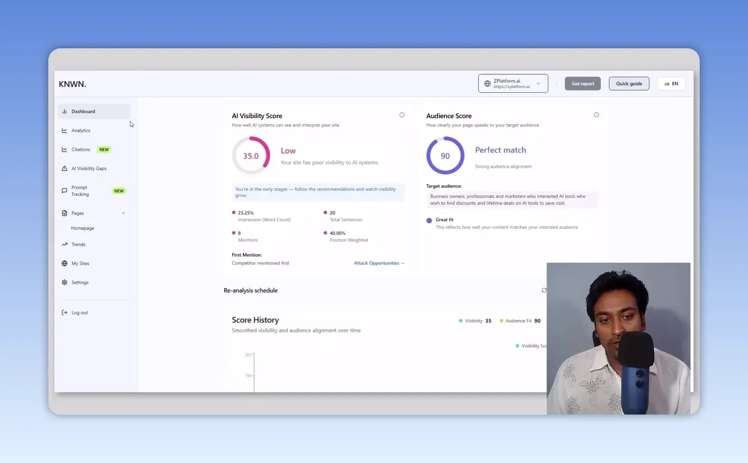 Knwn dashboard for zplatform.ai with an AI visibility score of 35.0 marked low, 8 mentions, competitor mentioned first, and an audience score of 90