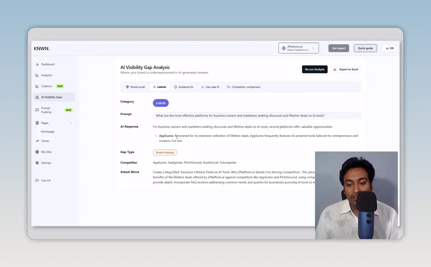 Knwn visibility gap report for a listicle prompt on AI tool lifetime deals, marked brand missing, with AppSumo listed first