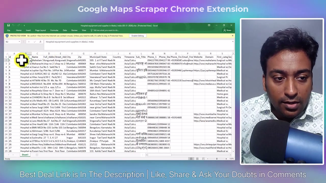 Reviewing the Leads-Sniper Google Maps export in Excel with business name, phone, website, rating and review count columns