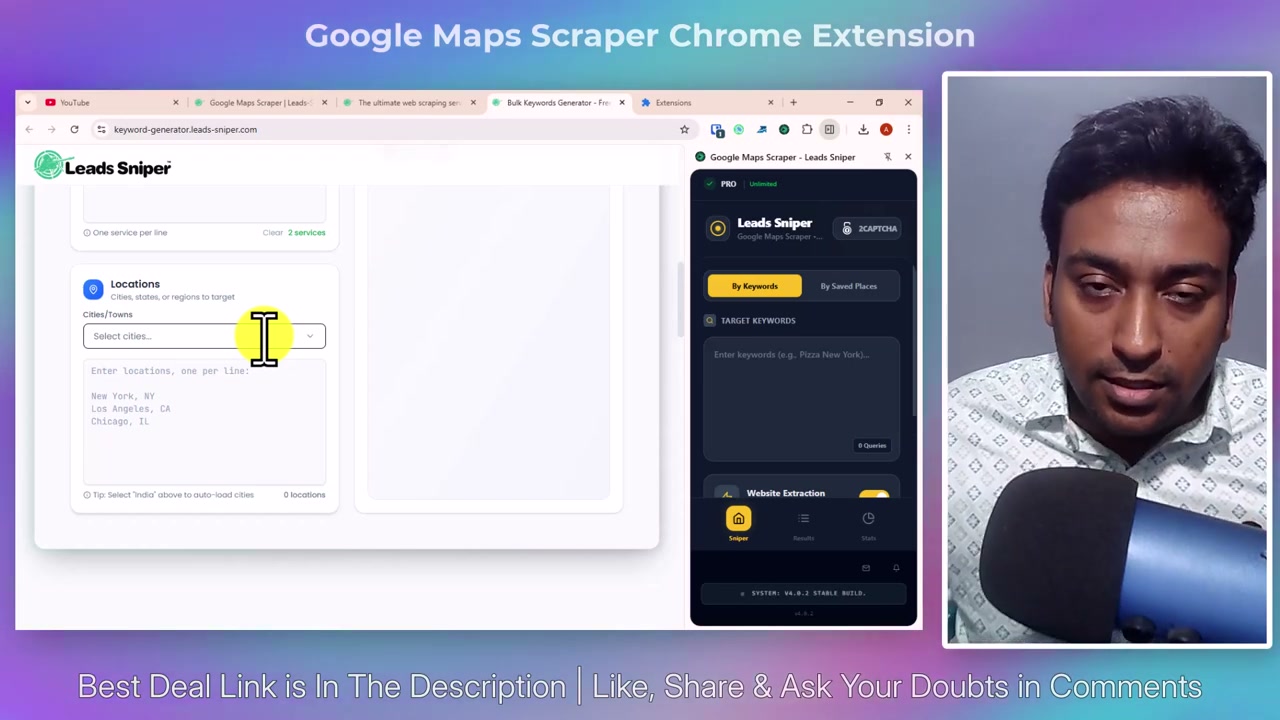 Leads-Sniper Bulk Keyword Generator producing 2,000+ Google Maps search combinations from niche and location seeds