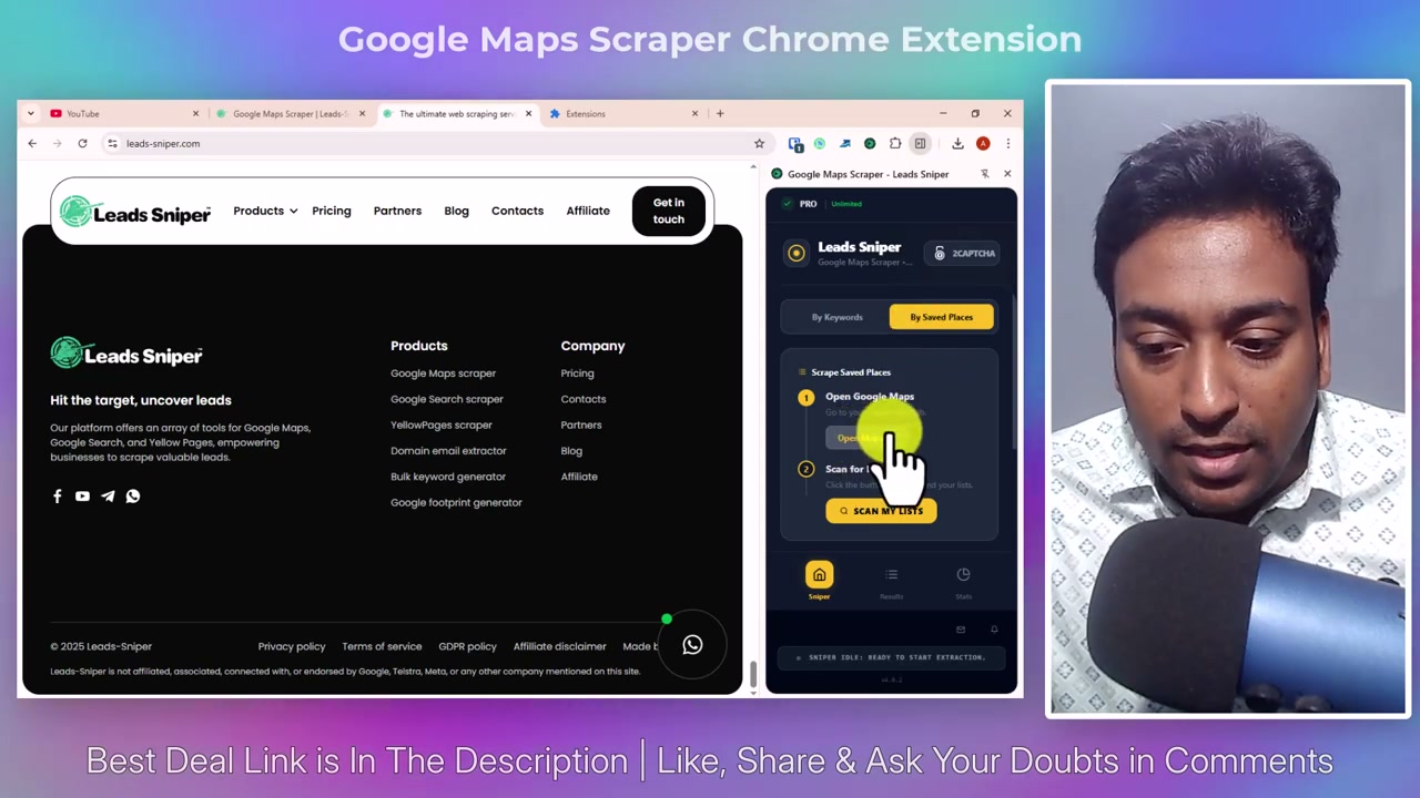 Leads-Sniper Google Maps scraping options panel showing category, location and depth configuration