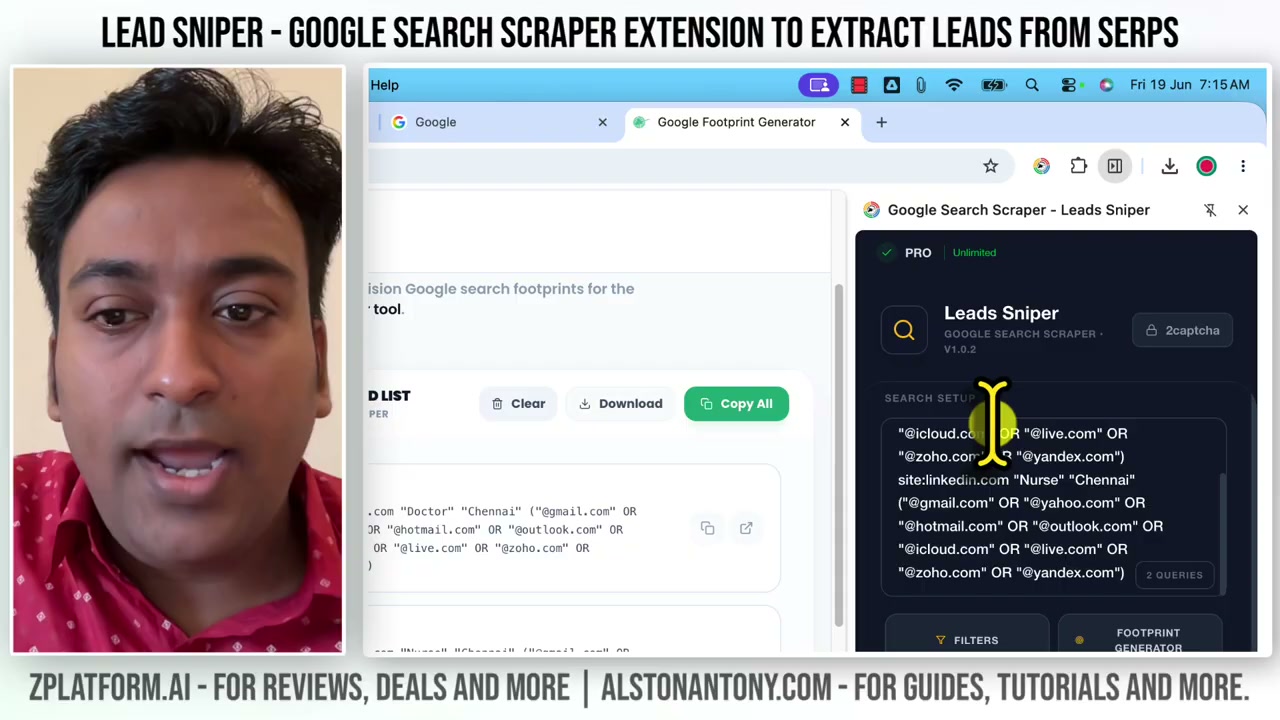 Leads-Sniper Google Search Scraper showing the search footprints added and ready to run against Google
