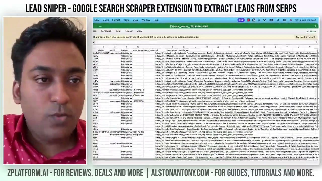 Reviewing the scraped leads from a Google Search Scraper session with names, emails, phone numbers and source URLs