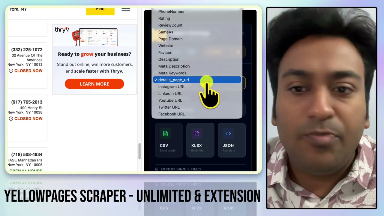 Leads-Sniper Yellow Pages export dialog with field checkboxes for phone, rating, website, LinkedIn and other data points, plus CSV, XLSX and JSON buttons