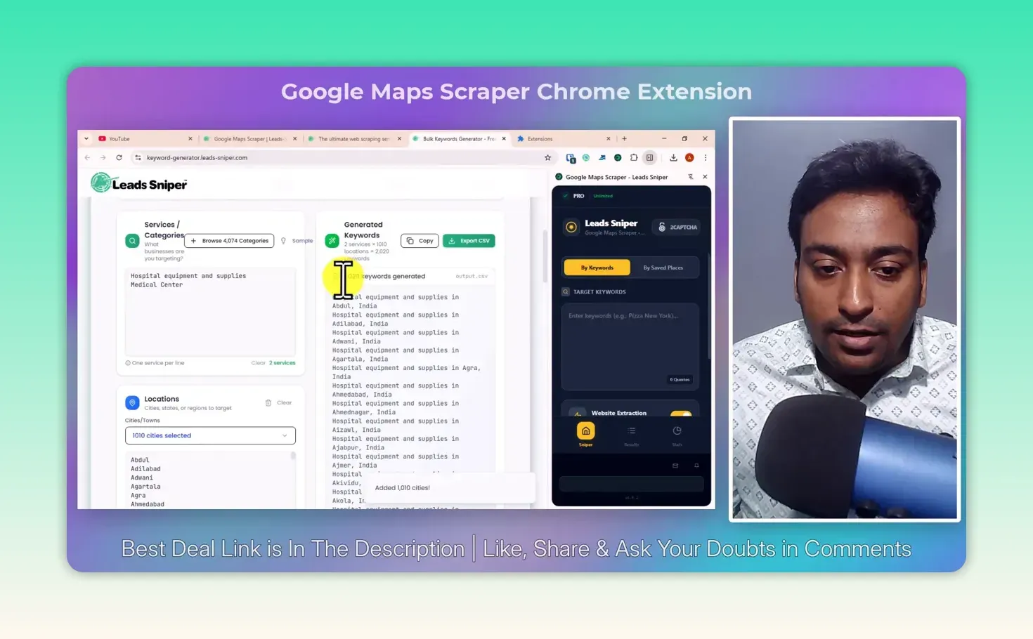 LeadSniper bulk keyword generator with two services and 1,010 Indian cities producing 2,020 keywords, beside the Google Maps scraper extension