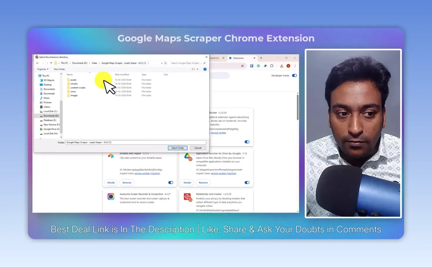 Chrome's Select the extension directory dialog opening the extracted Google Maps Scraper Leads Sniper 4.0.2 folder, with Developer mode on