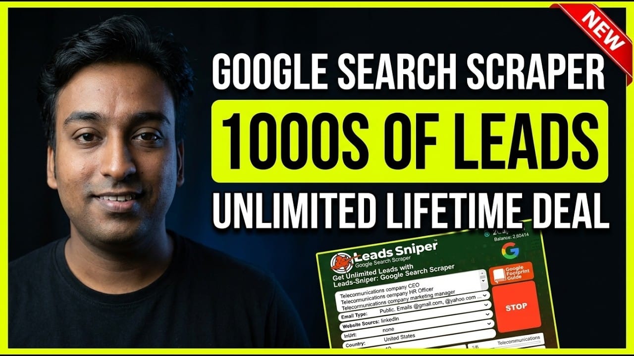 LeadSniper Google Search Scraper review video thumbnail reading Google Search Scraper, 1000s of Leads, Unlimited Lifetime Deal