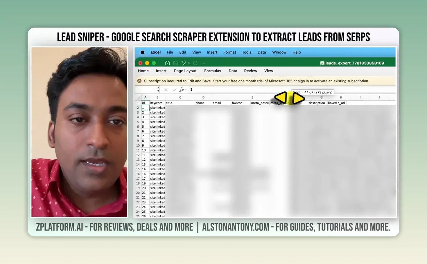 LeadSniper Excel export with id, keyword, title, phone, email, meta description and LinkedIn URL columns, with personal data blurred