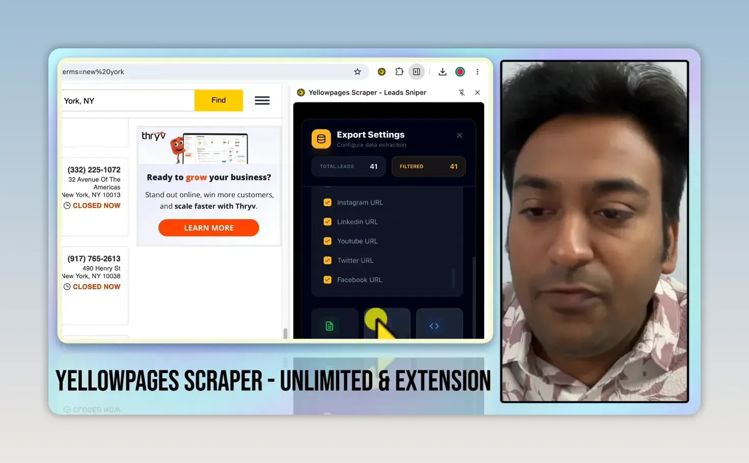 LeadSniper Export Settings panel showing 41 total and 41 filtered leads, with Instagram, LinkedIn, YouTube, Twitter and Facebook URL fields ticked
