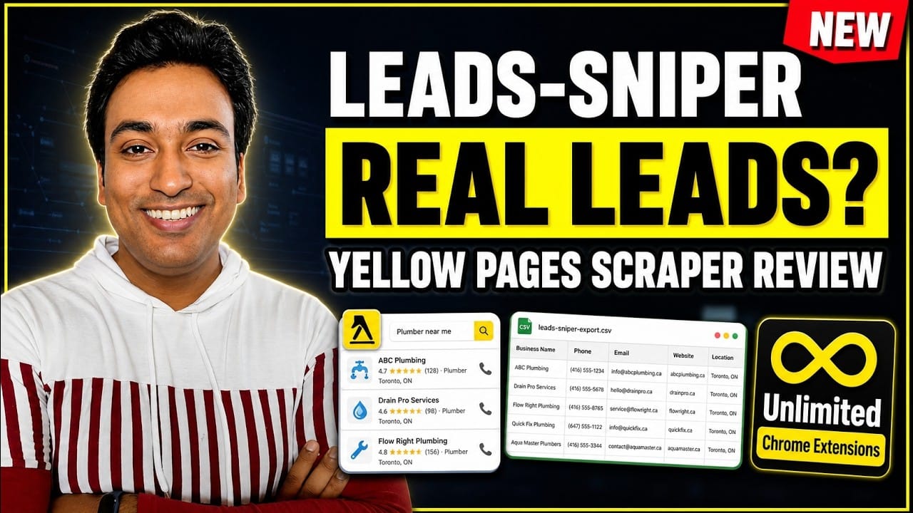 LeadSniper Yellow Pages review video thumbnail reading Leads-Sniper Real Leads, Yellow Pages Scraper Review, with an Unlimited Chrome Extensions badge