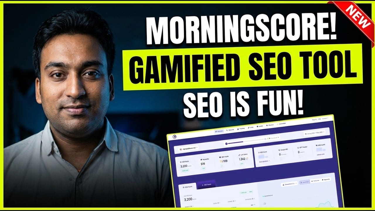 Morningscore review video thumbnail reading Morningscore, Gamified SEO Tool, SEO Is Fun, beside a Morningscore overview dashboard