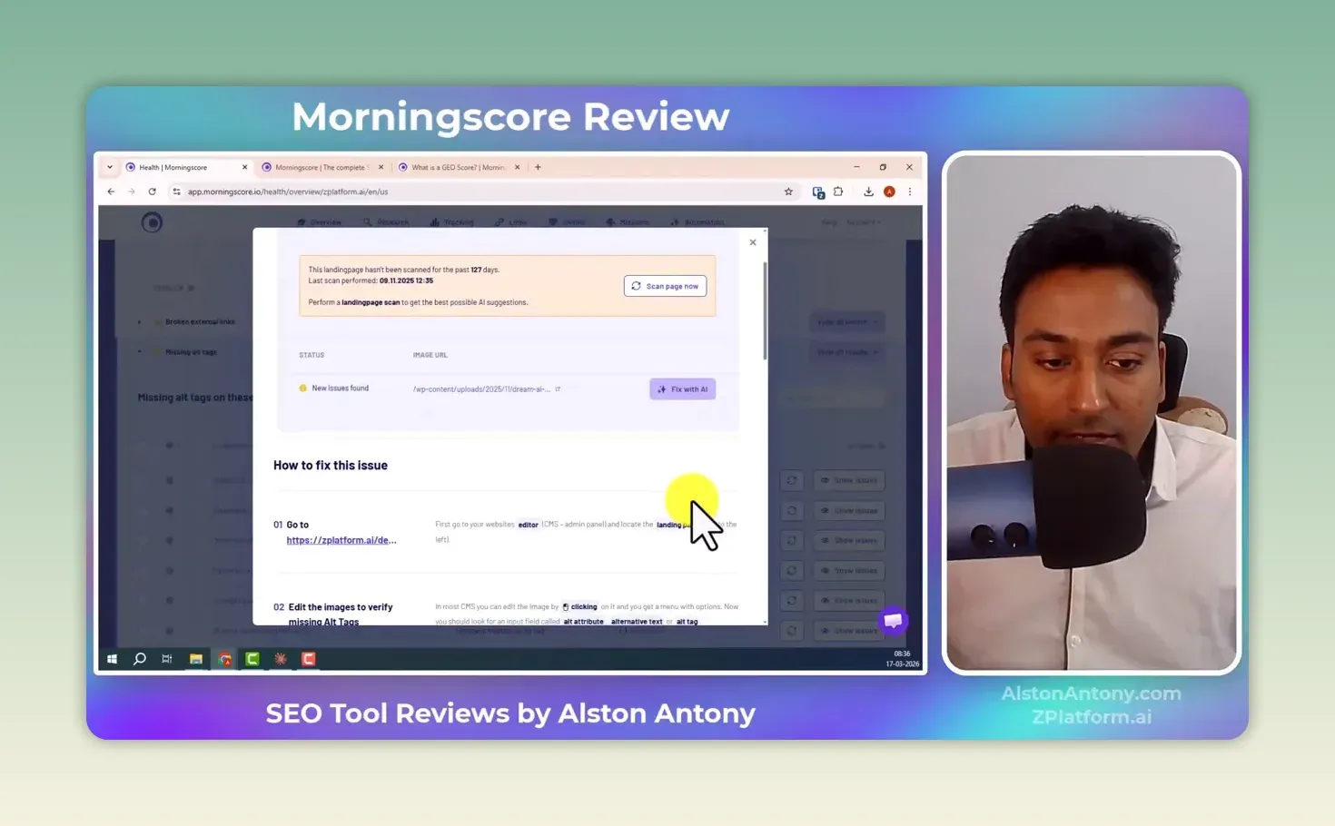 Morningscore fix panel for a missing alt tag on zplatform.ai, with a Fix with AI button, a 127-days-since-scan note and fix steps