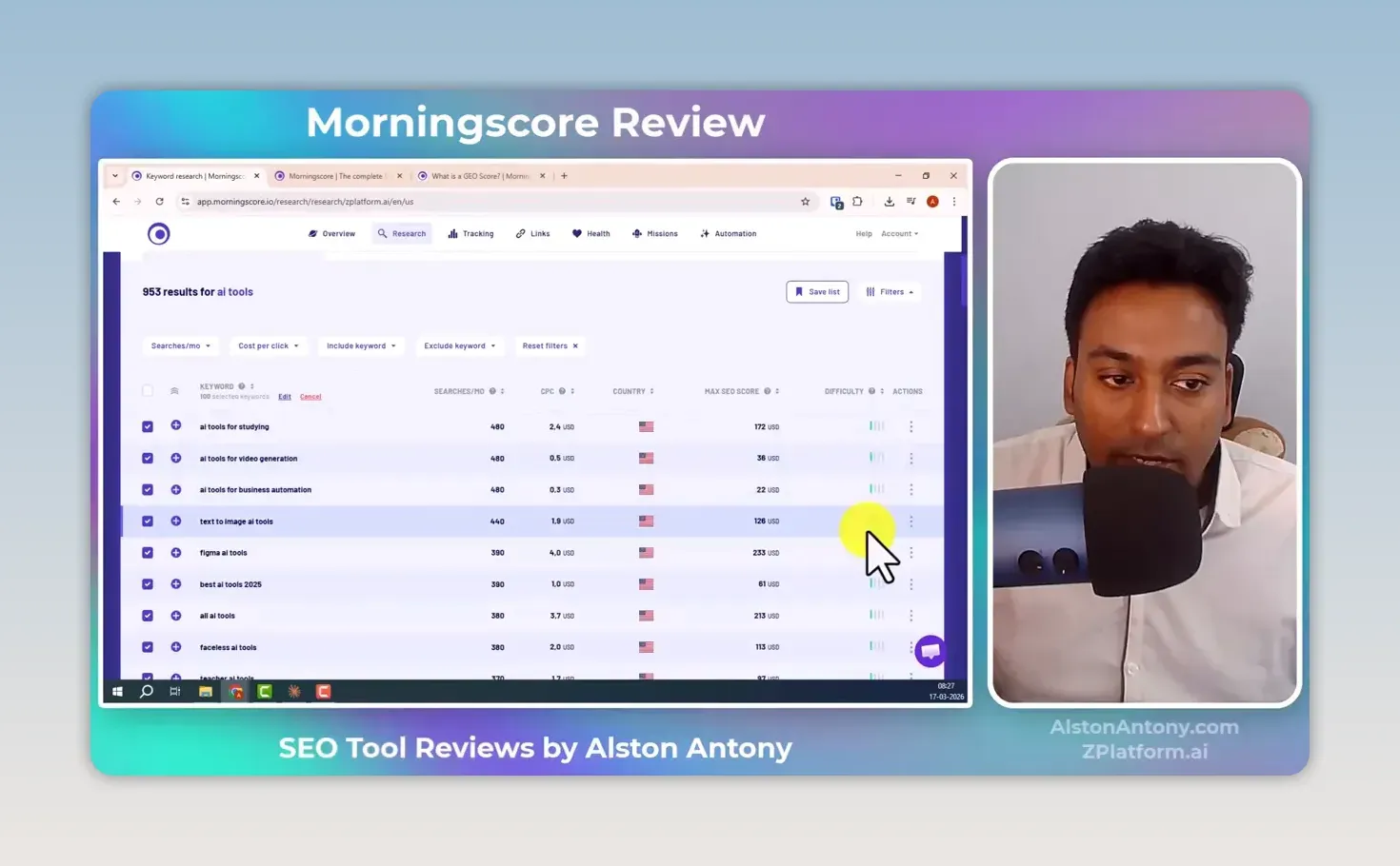 Morningscore keyword research showing 953 results for ai tools, with searches per month, CPC, country, max SEO score and difficulty columns