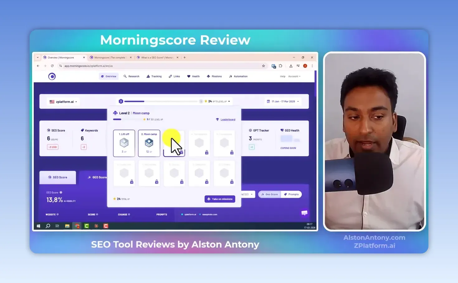Morningscore mission panel for zplatform.ai showing Level 2 Moon camp, Lift off completed, later levels locked and 24 total XP