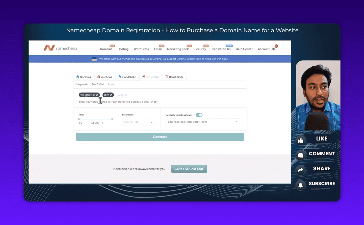 Namecheap domain generator showing weight loss and diet keyword suggestions with logo previews