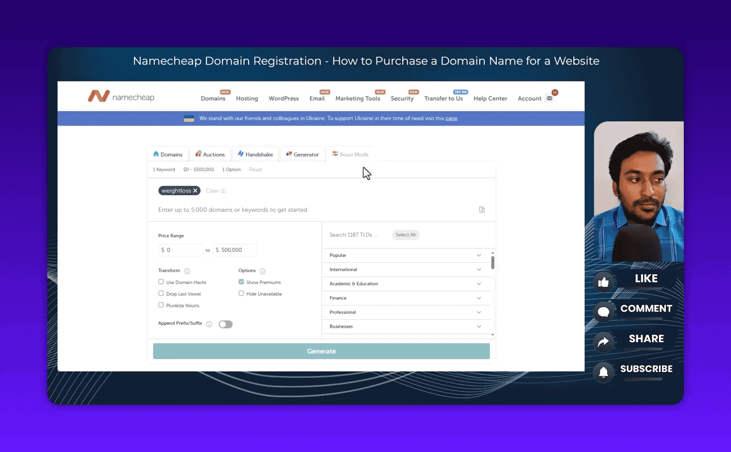 Namecheap Beast Mode bulk domain search tool showing multiple domain entries for checking
