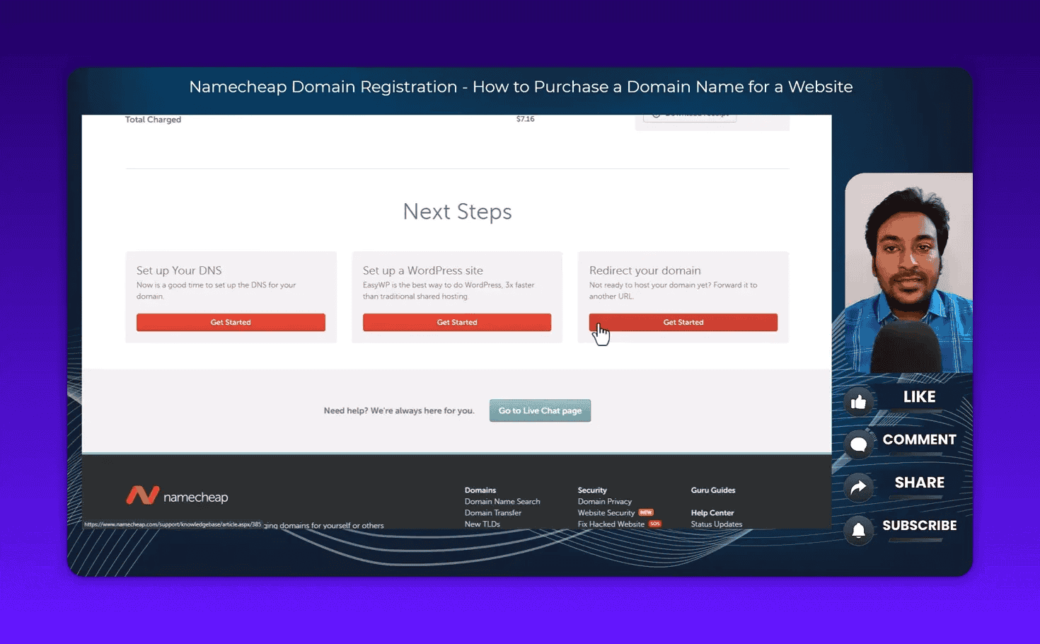 Namecheap next steps after domain purchase showing get started options and domain management