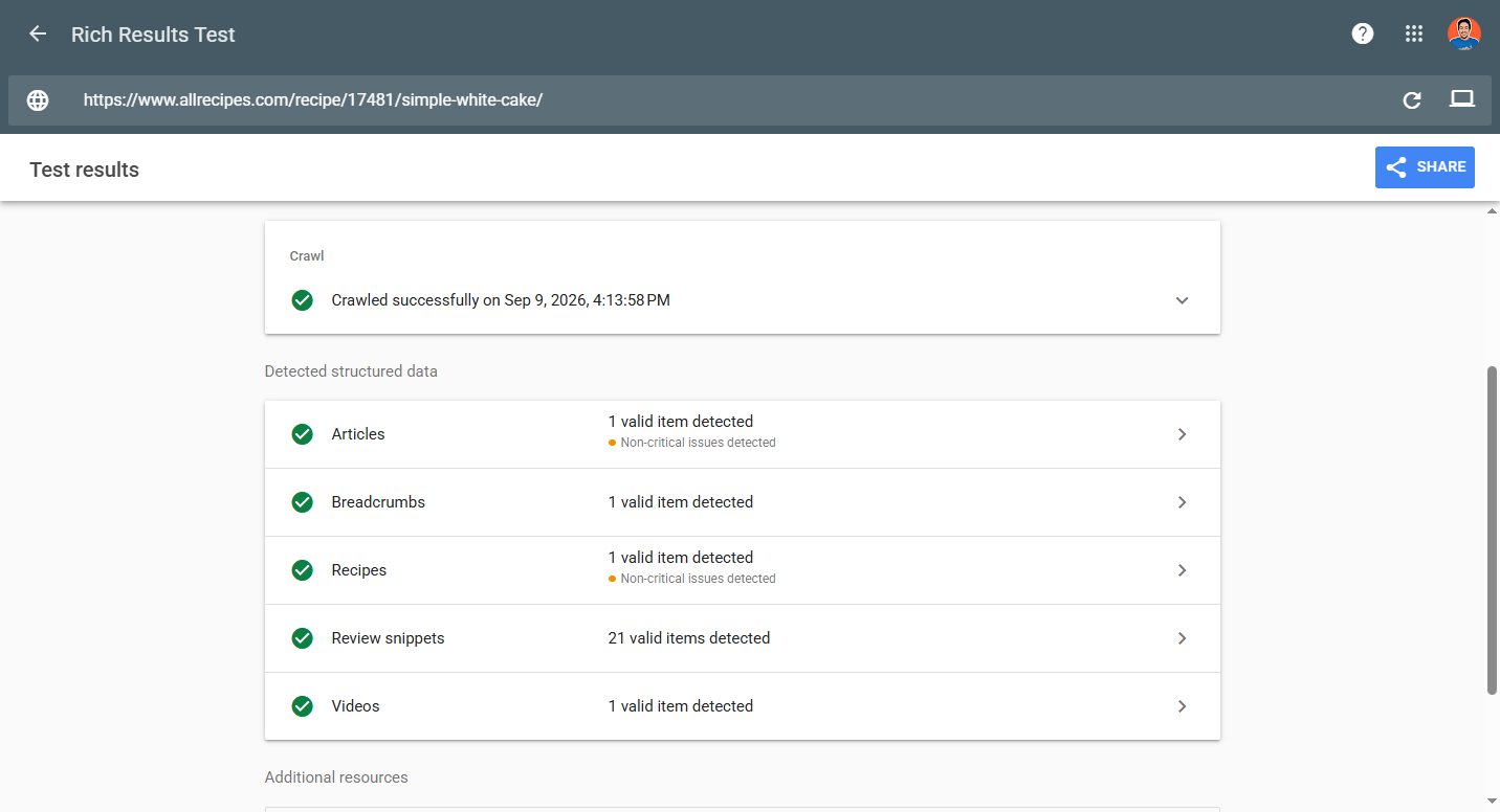 Google Rich Results Test panel for an Allrecipes recipe page, listing five valid detected types with green checks