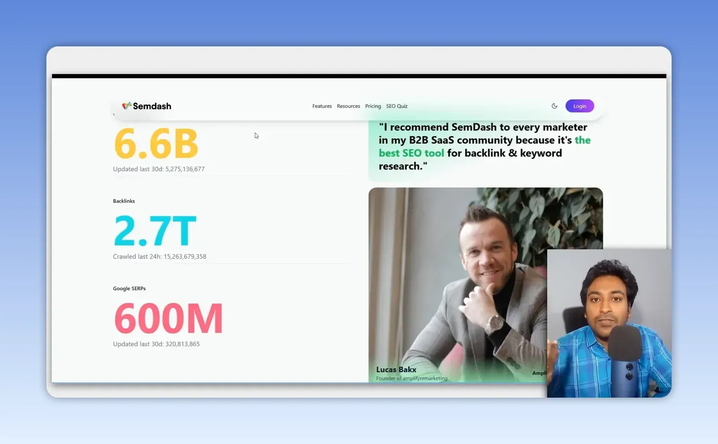 Semdash homepage stats: 6.6B keywords, 2.7T backlinks with 15.26 billion crawled in the last 24 hours, and 600M Google SERPs
