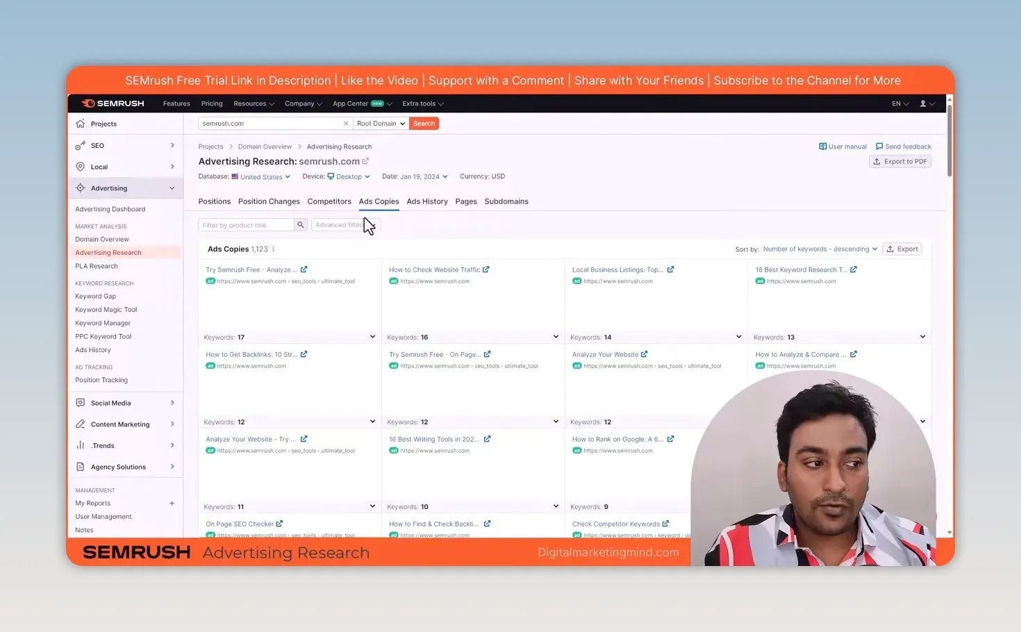 Semrush Ads Copies for semrush.com, showing 1,123 ads sorted by number of keywords, led by a Try Semrush Free ad shown for 17 keywords