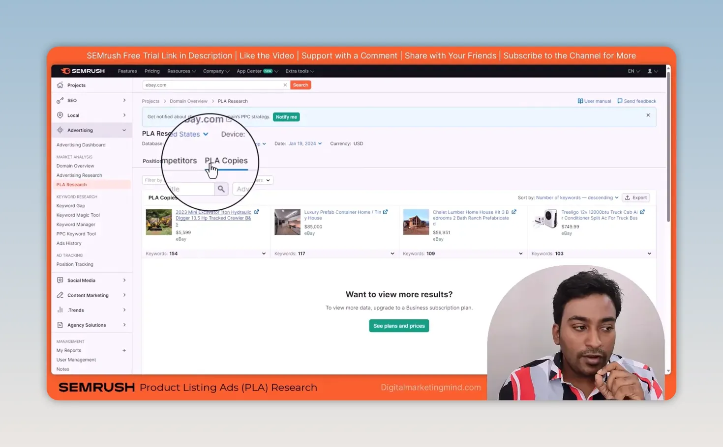 Semrush PLA Research copies for ebay.com with four product listings and a prompt to upgrade to a Business subscription plan to see more results