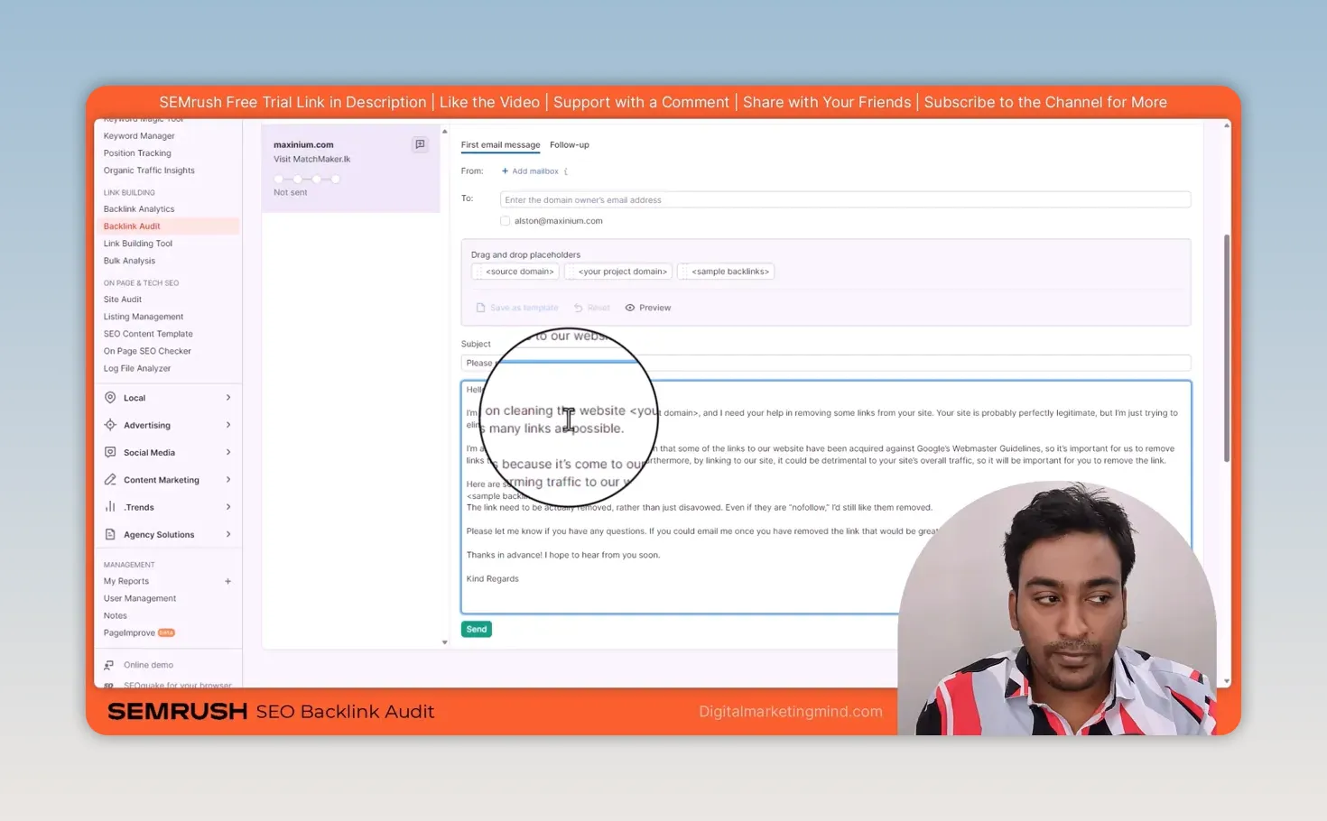 Semrush Backlink Audit removal email form with placeholders for source domain, project domain and sample backlinks, above the default request text