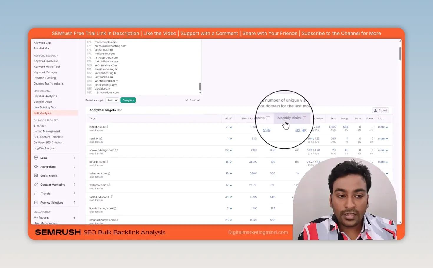 Semrush Bulk Backlink Analysis comparing 187 Sri Lankan hosting and web design domains by Authority Score, backlinks and monthly visits