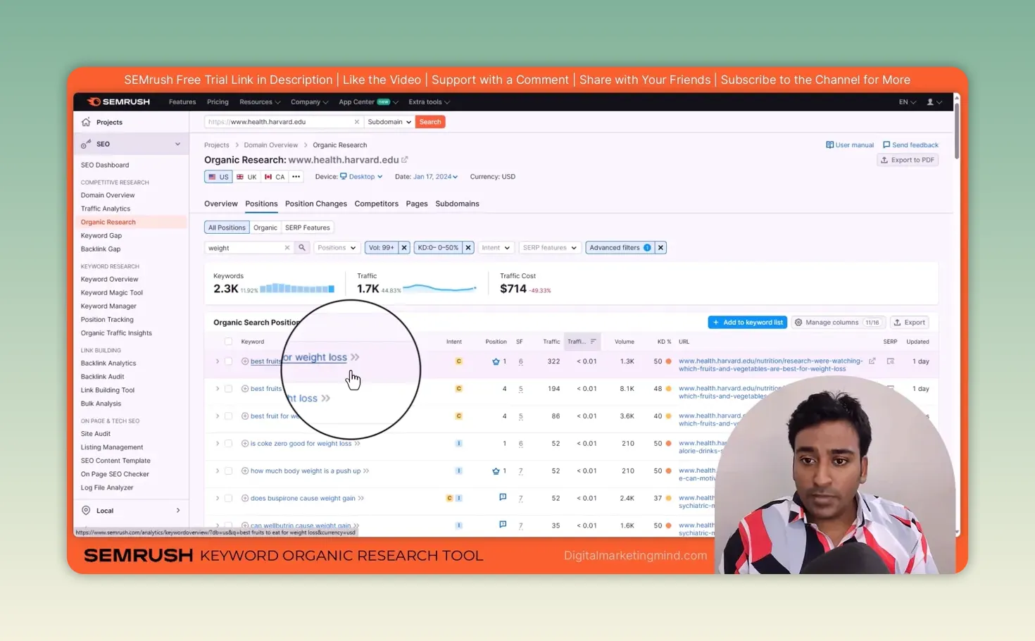 Semrush Organic Research positions for health.harvard.edu filtered by weight, volume 99+ and KD up to 50%, leaving 2.3K keywords