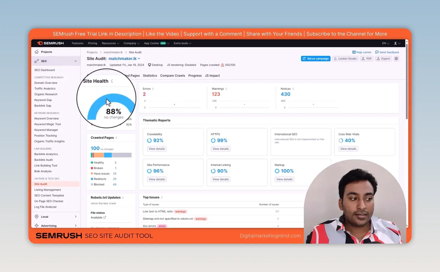 Semrush Site Audit overview for matchmaker.lk showing 88% site health, 2 errors, 123 warnings, 430 notices and thematic report scores