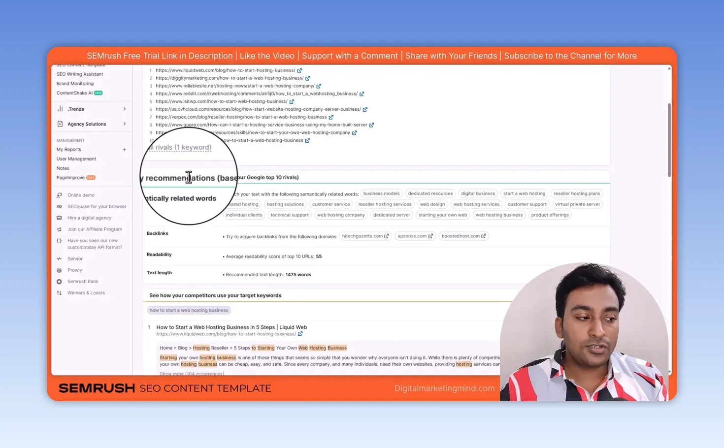 SEO Content Template brief for how to start a web hosting business: related words, backlink domains, readability 55 and 1,475 recommended words