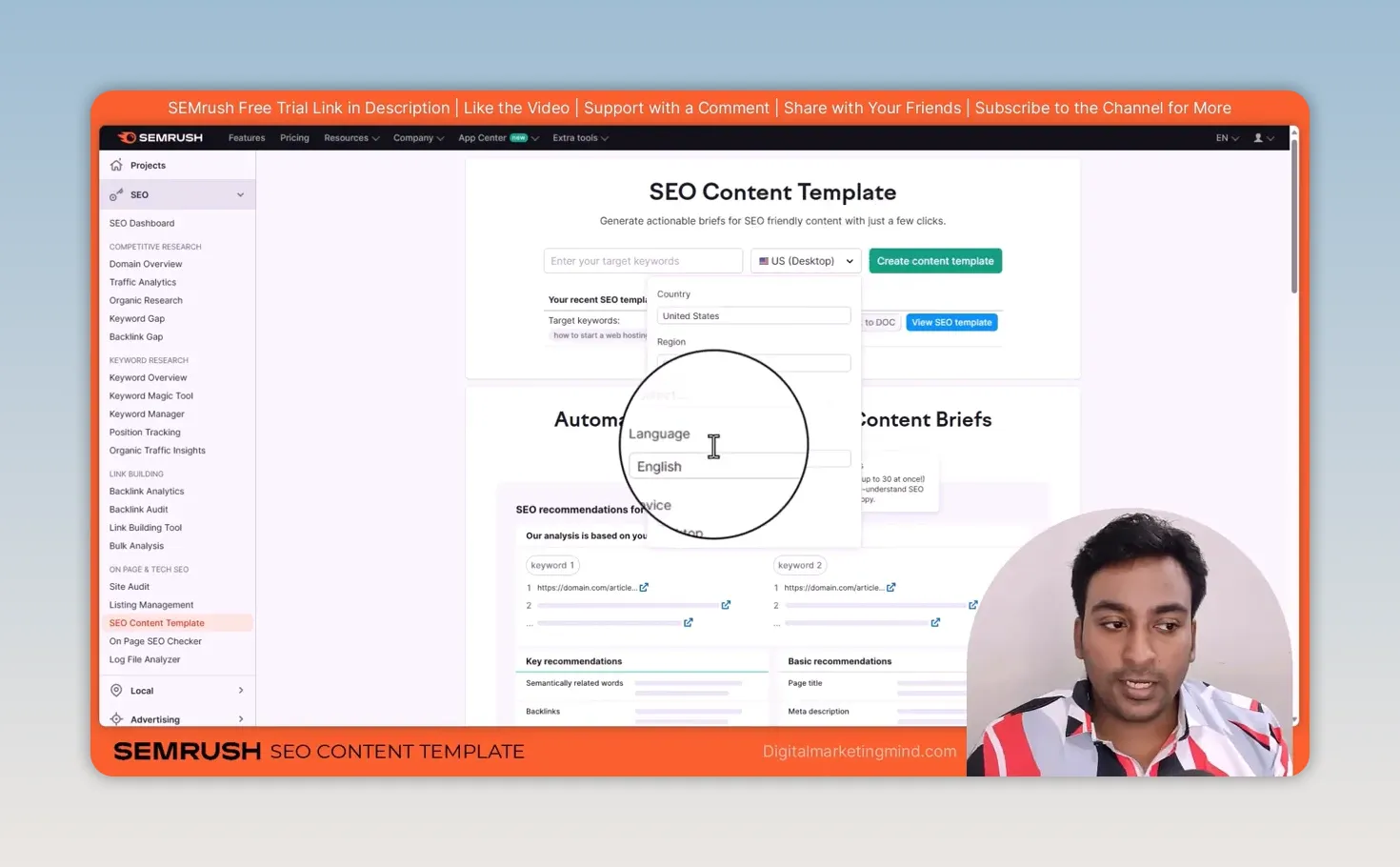 Semrush SEO Content Template start page with the target keyword box and the country, region, language and device settings open