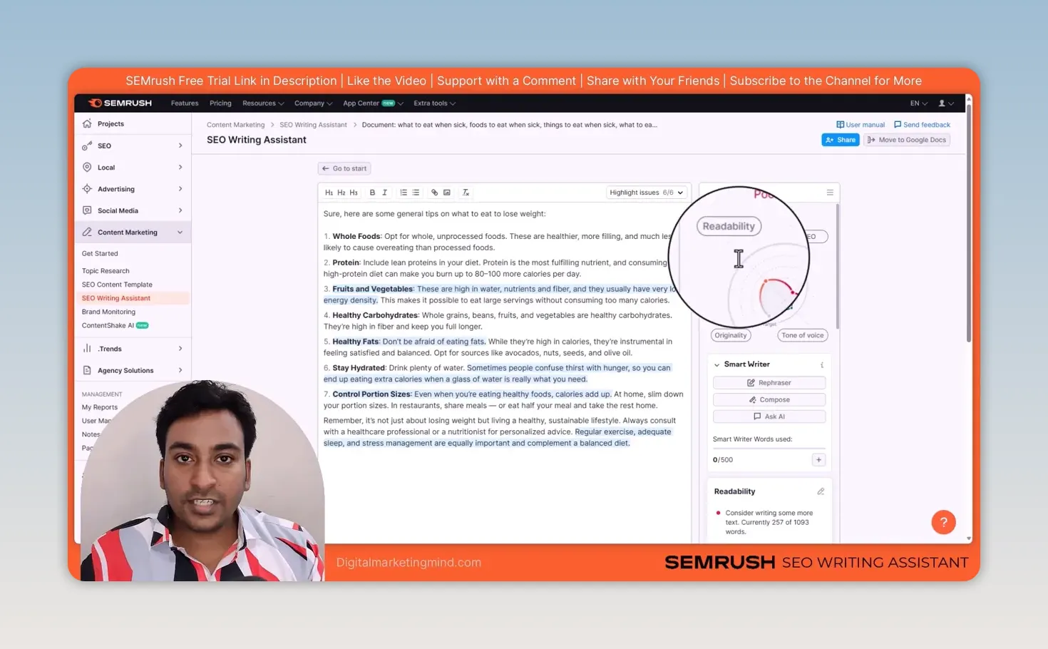 Semrush SEO Writing Assistant editor with highlighted sentences in a sample article, the four score areas and the Smart Writer options
