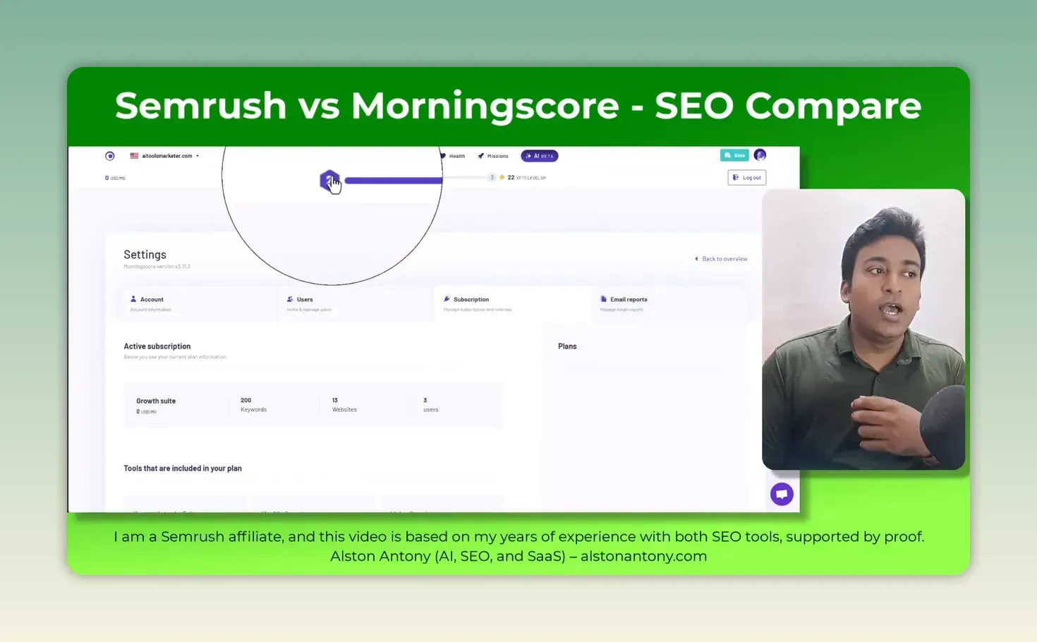 Morningscore subscription settings showing a Growth suite plan with 200 keywords, 13 websites and 3 users, beside the XP level bar