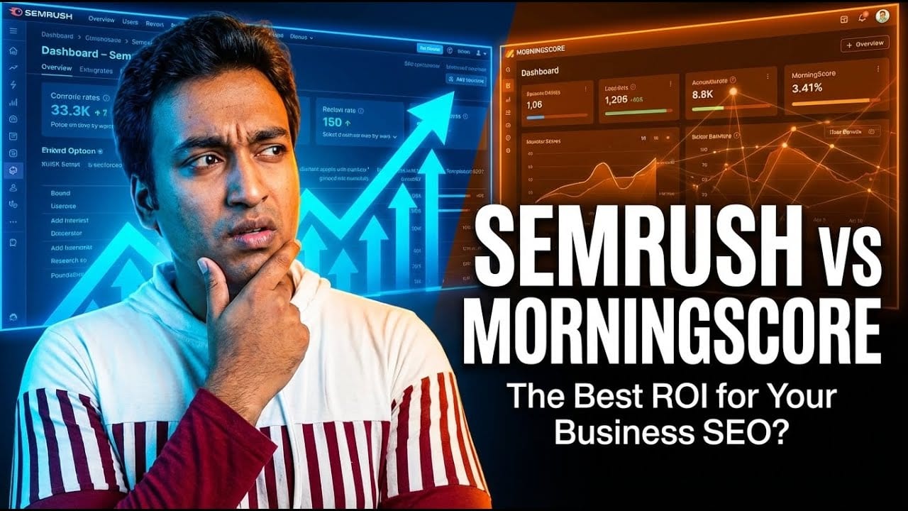 Semrush vs Morningscore video thumbnail asking which gives the best ROI for your business SEO, between a Semrush dashboard and a Morningscore dashboard