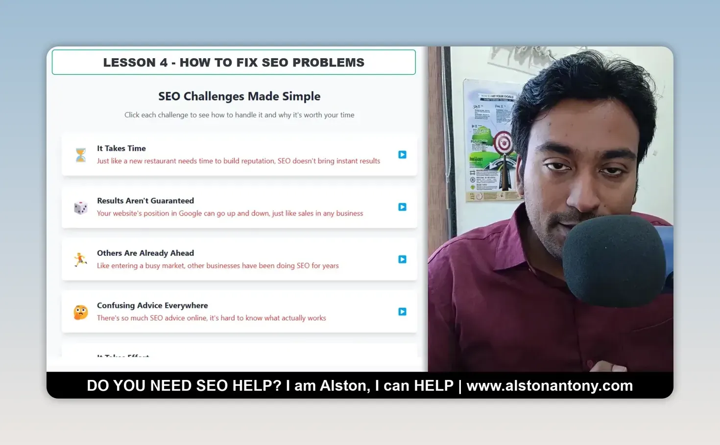 Lesson slide titled SEO Challenges Made Simple, listing it takes time, results aren't guaranteed, others are already ahead, and confusing advice everywhere