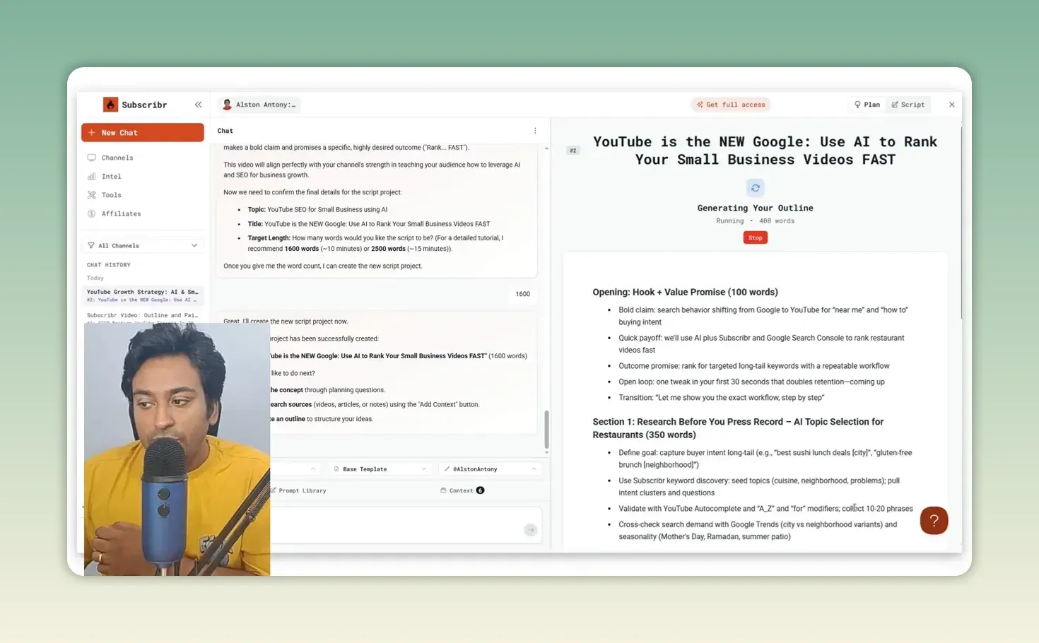 Subscribr outline for a small business YouTube SEO video, with an opening hook and a first section on restaurant topic research
