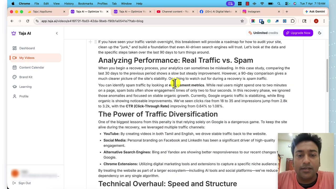 Taja AI Clips tab showing the message Video Too Short for Clips because the source video is under the 30 minute minimum