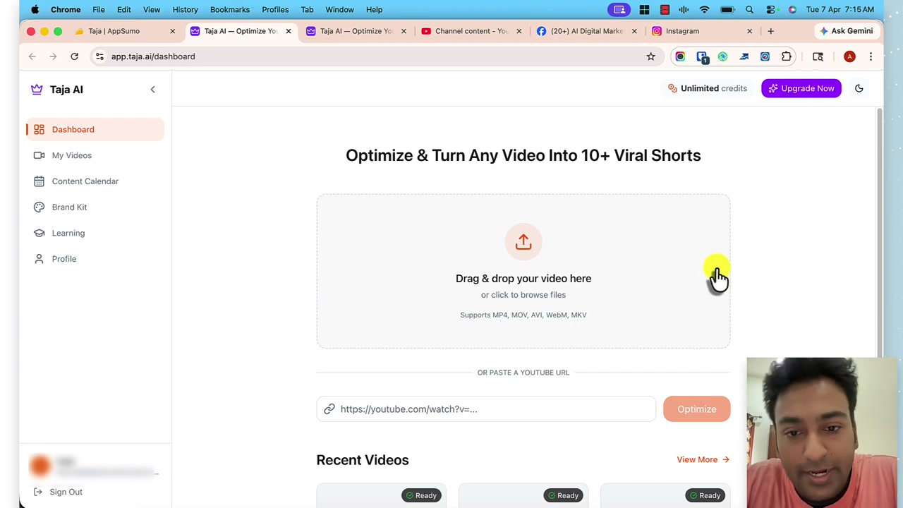 Taja AI dashboard showing the drag and drop upload box and paste a YouTube URL field with the headline Optimize and Turn Any Video Into 10 plus Viral Shorts