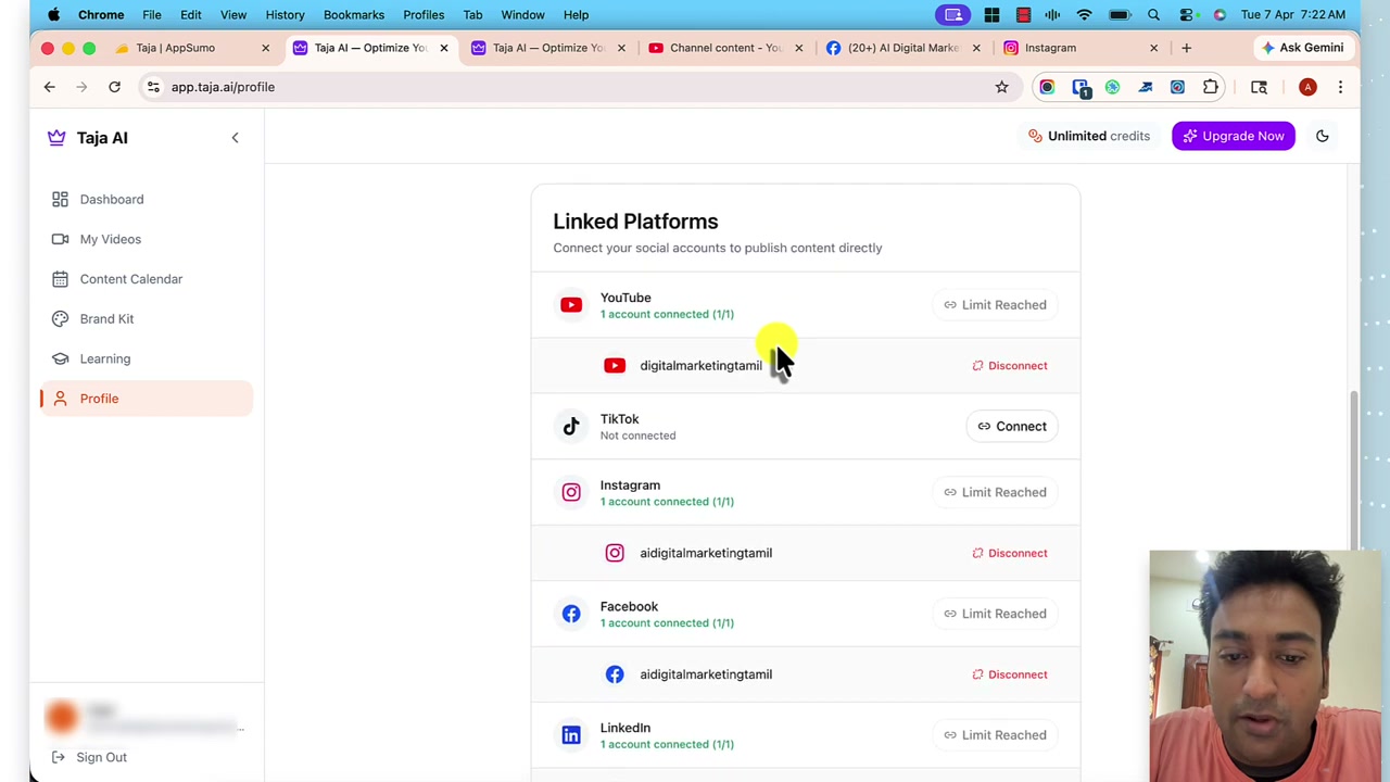 Taja AI linked platforms panel showing connected YouTube, Instagram, Facebook and LinkedIn accounts with connect buttons for TikTok and X