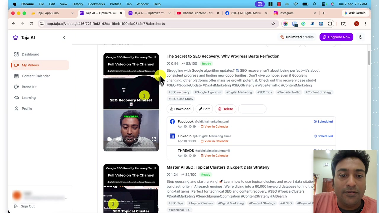 Taja AI Shorts tab showing a generated short titled The Secret to SEO Recovery with hashtags and scheduled posts queued for Facebook, LinkedIn and Threads