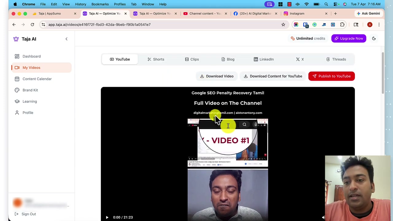Taja AI YouTube tab active with video preview, Download Video, Download Content for YouTube and Publish to YouTube buttons after processing