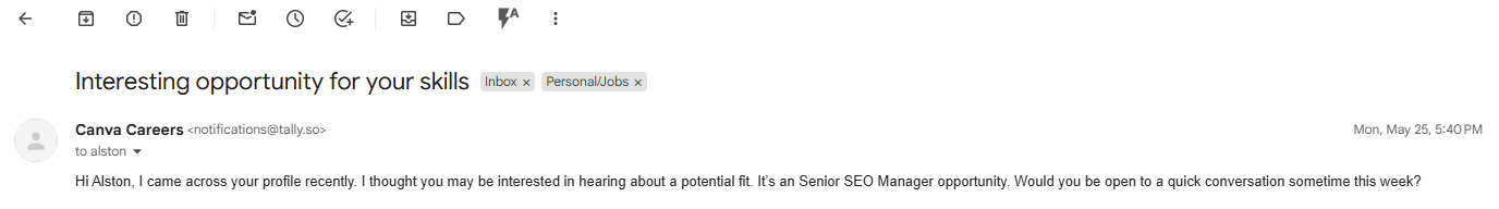 Fake Canva Careers recruiter email sent from notifications@tally.so offering a Senior SEO Manager role