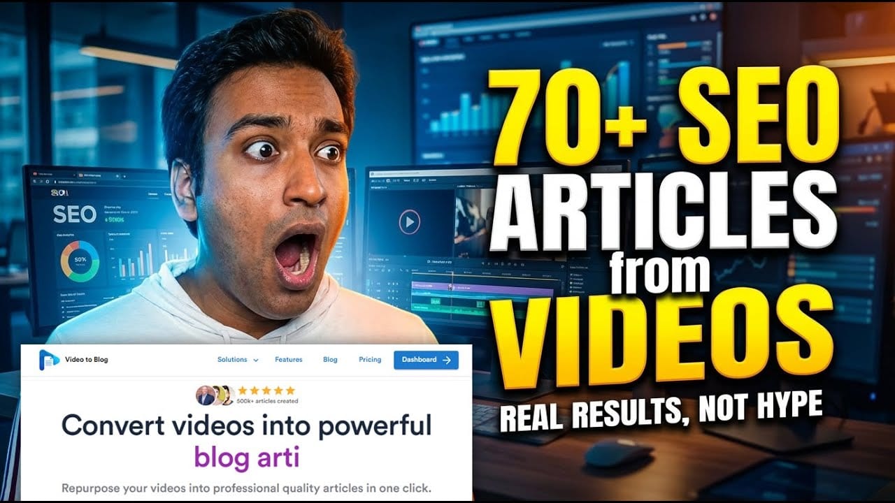 Video To Blog AI review video thumbnail reading 70+ SEO Articles from Videos, Real Results Not Hype, beside the Video To Blog homepage