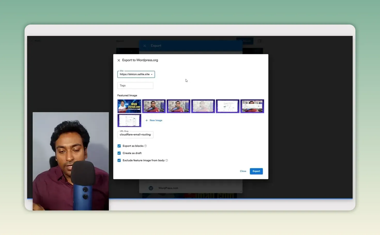 Video To Blog Export to Wordpress.org dialog with Export as blocks and Create as draft ticked