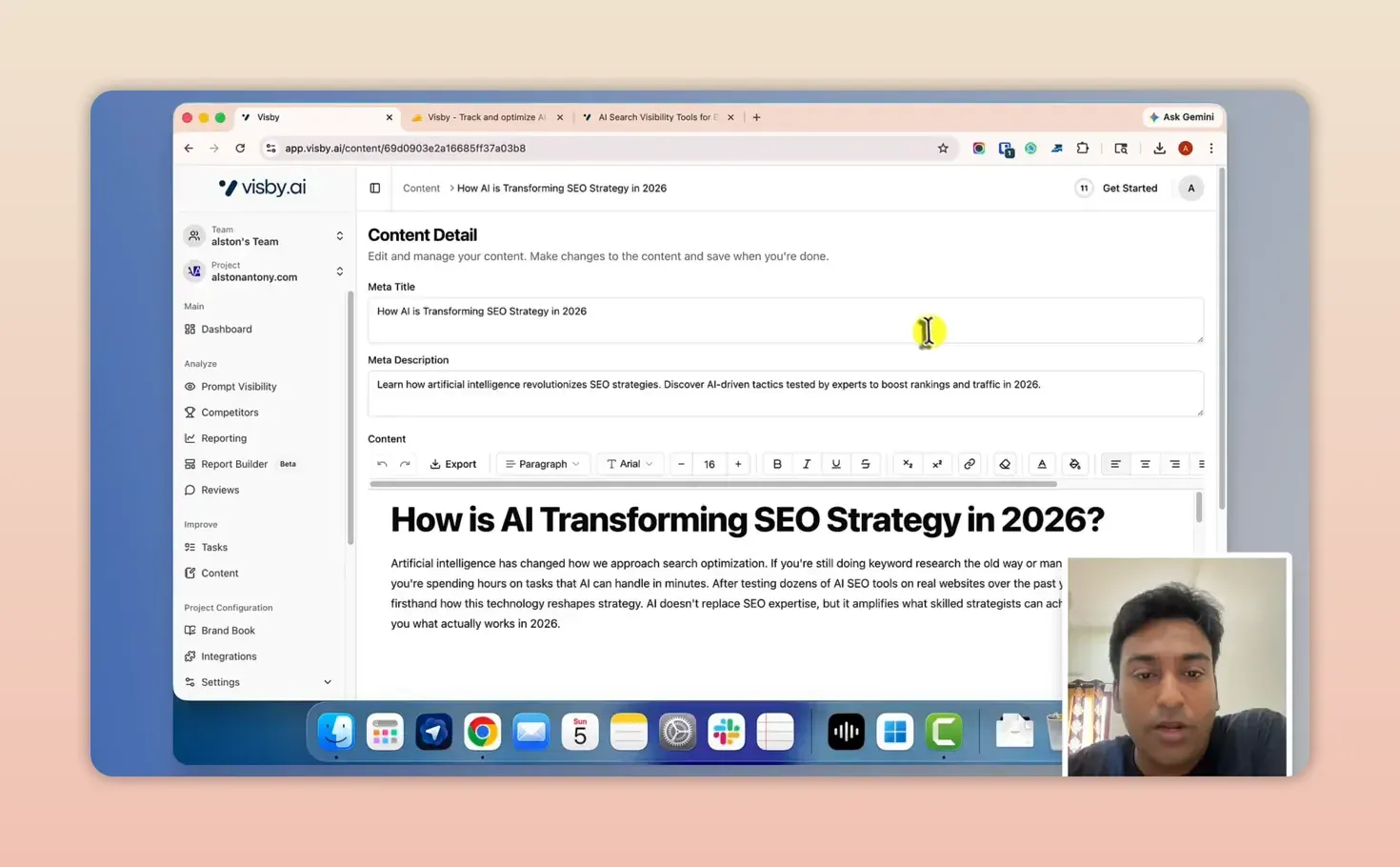Visby content editor with the draft How is AI Transforming SEO Strategy in 2026, its meta title and meta description, and an opening paragraph