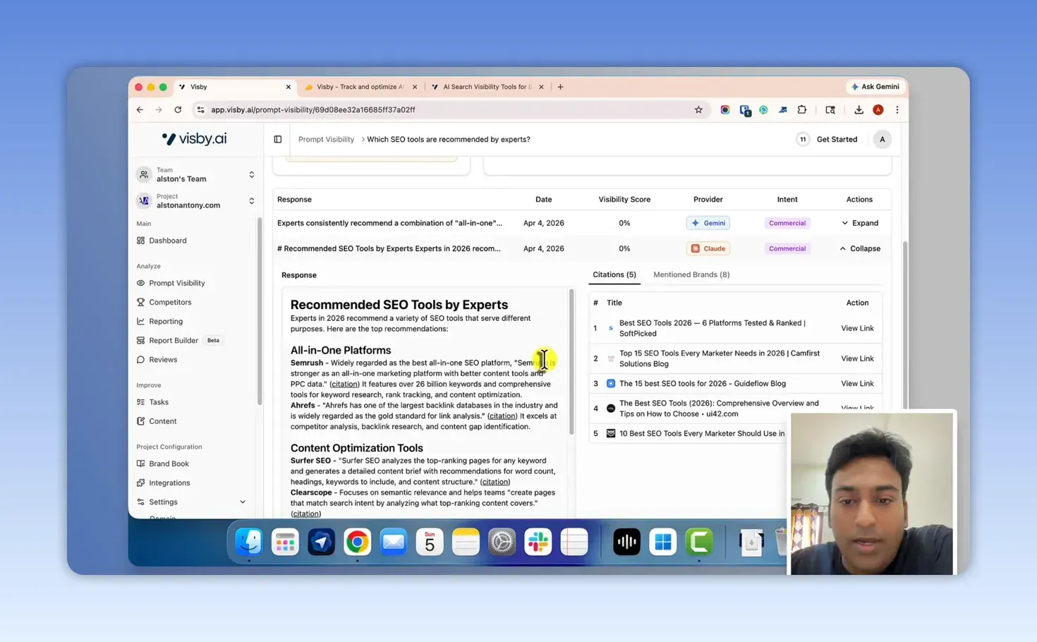 Visby prompt detail for Which SEO tools are recommended by experts: Gemini and Claude answers at 0% visibility, with 5 citations and 8 brands